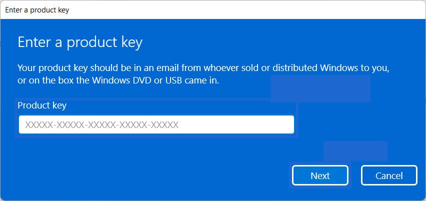 Enter product key window