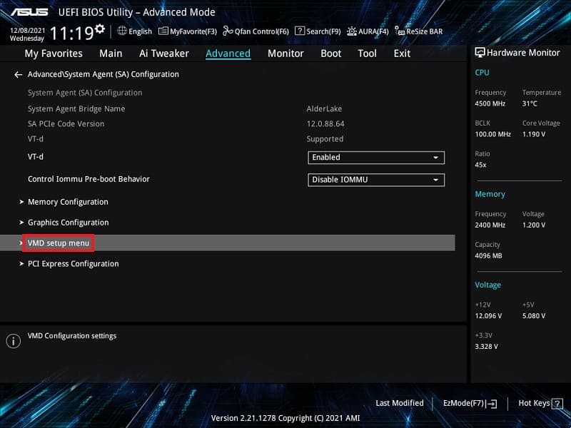 VMD Setup Menu